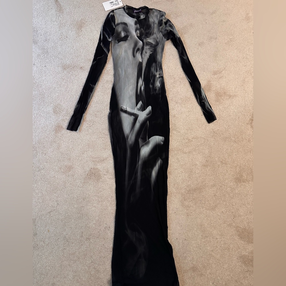 Jean Paul Gaultier Black Sheer Mesh Maxi Dress with Smoke Pattern (new with tag)